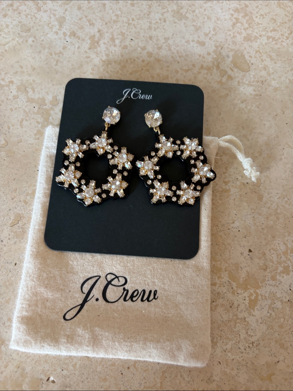 J. Crew Black and Gold Floral Crystal Hoop Earrings
